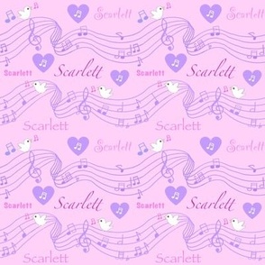 Scarlett name on pink with Purple Hearts and music