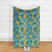 Jumbo Watercolor Sunflowers on a Blue textured Background by Brittanylane