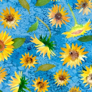 Jumbo Watercolor Sunflowers on a Blue textured Background by Brittanylane