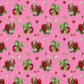 Strawberries and dark red dots on bright pink ground