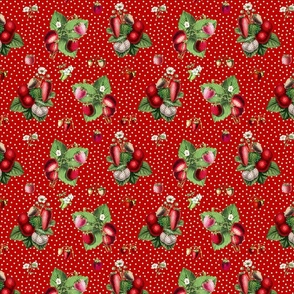 Strawberries and mint dots on dark red ground