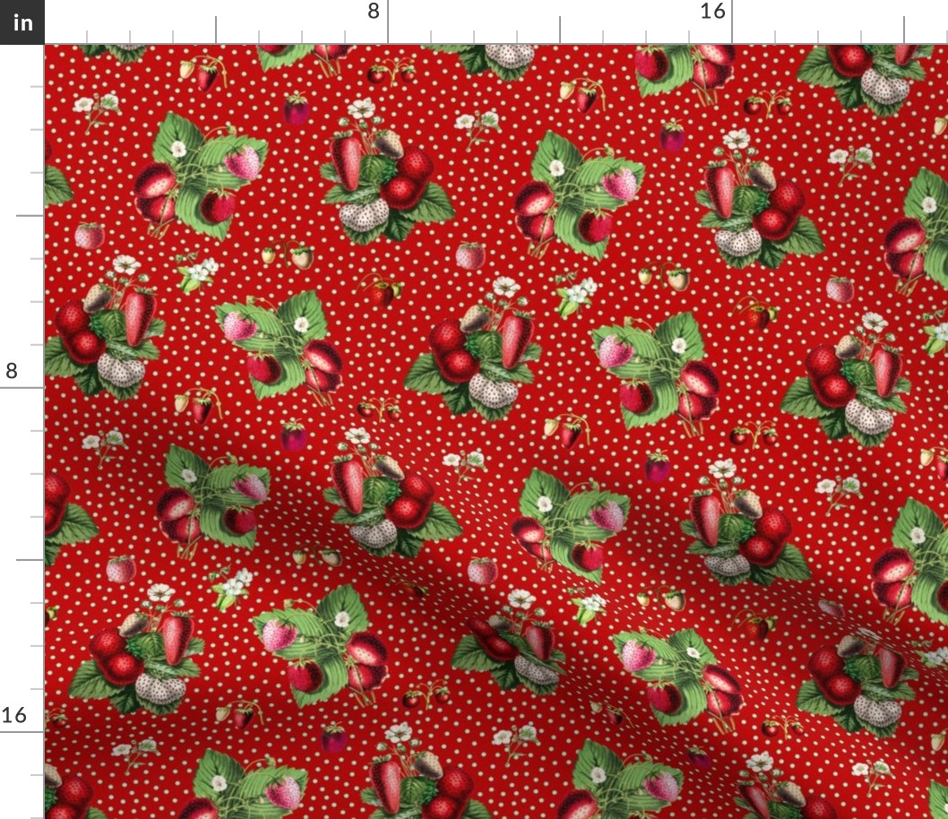 Strawberries and mint dots on dark red ground