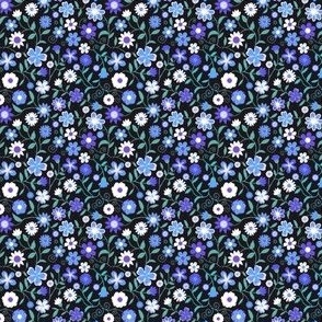 Ditsy white, purple and blue flowers on black 