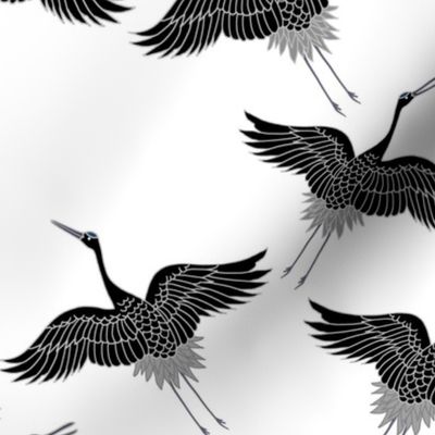 Cranes in Flight (Flock) - greyscale noir on white, medium 