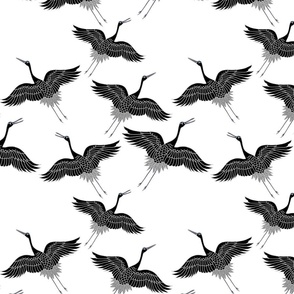 Cranes in Flight (Flock) - greyscale noir on white, medium 