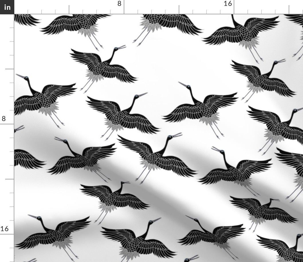 Cranes in Flight (Flock) - greyscale noir on white, medium 