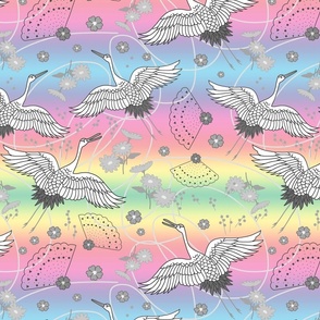 Migration, Cranes in Flight - greyscale on pastel rainbow, medium/large 