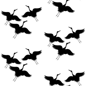 Cranes in Flight (motif) - black silhouettes on white, medium 