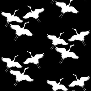 Cranes in Flight (motif) - white silhouettes on black, medium 