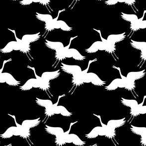 Cranes in Flight (Flock) - white silhouettes on black, medium 