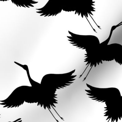 Cranes in Flight (Flock) - black silhouettes on white, medium 