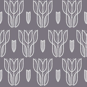 off white floral pattern on brown-grey background.