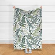 LARGE CALM FERN FOREST white with birds