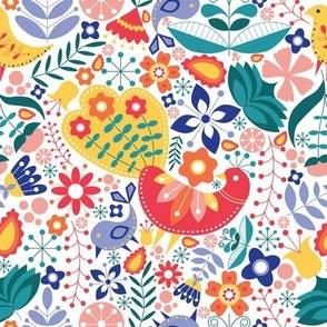 Scandinavian Maximalist Folk Birds and Blooms - red, orange, yellow, green, blue, white