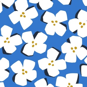 White floral on blue