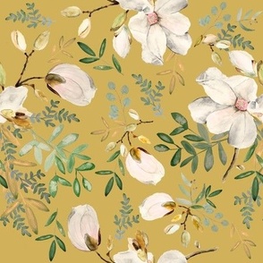 Medium Magnolia Eucalyptus / Gold Yellow White Green /  Flowers / Retro Watercolor