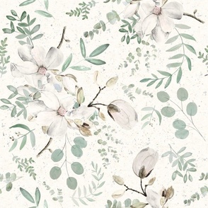 Large Flower Eucalyptus / Watercolor / Green White