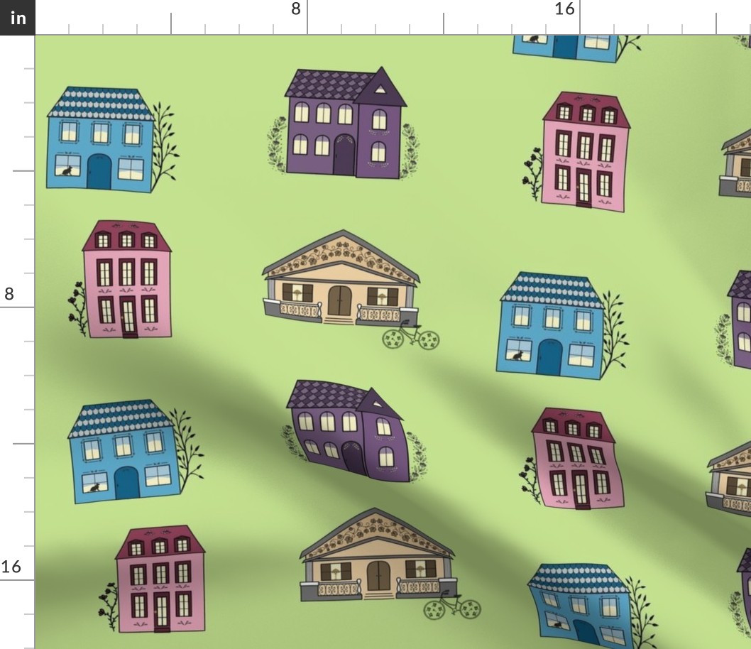 Quaint houses pink, purple, blue Larger scale