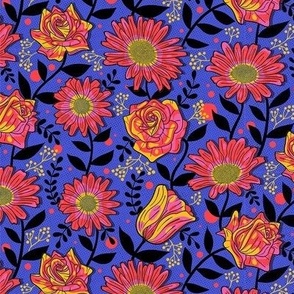 Bold Summer Flowers on Electric Blue / Tiny Scale