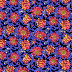 Bold Summer Flowers on Electric Blue / Small Scale