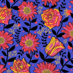 Bold Summer Flowers on Electric Blue / Large Scale