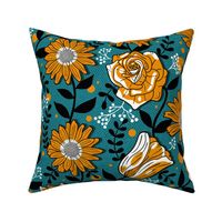 Bold Summer Flowers on Aqua Blue / Large Scale