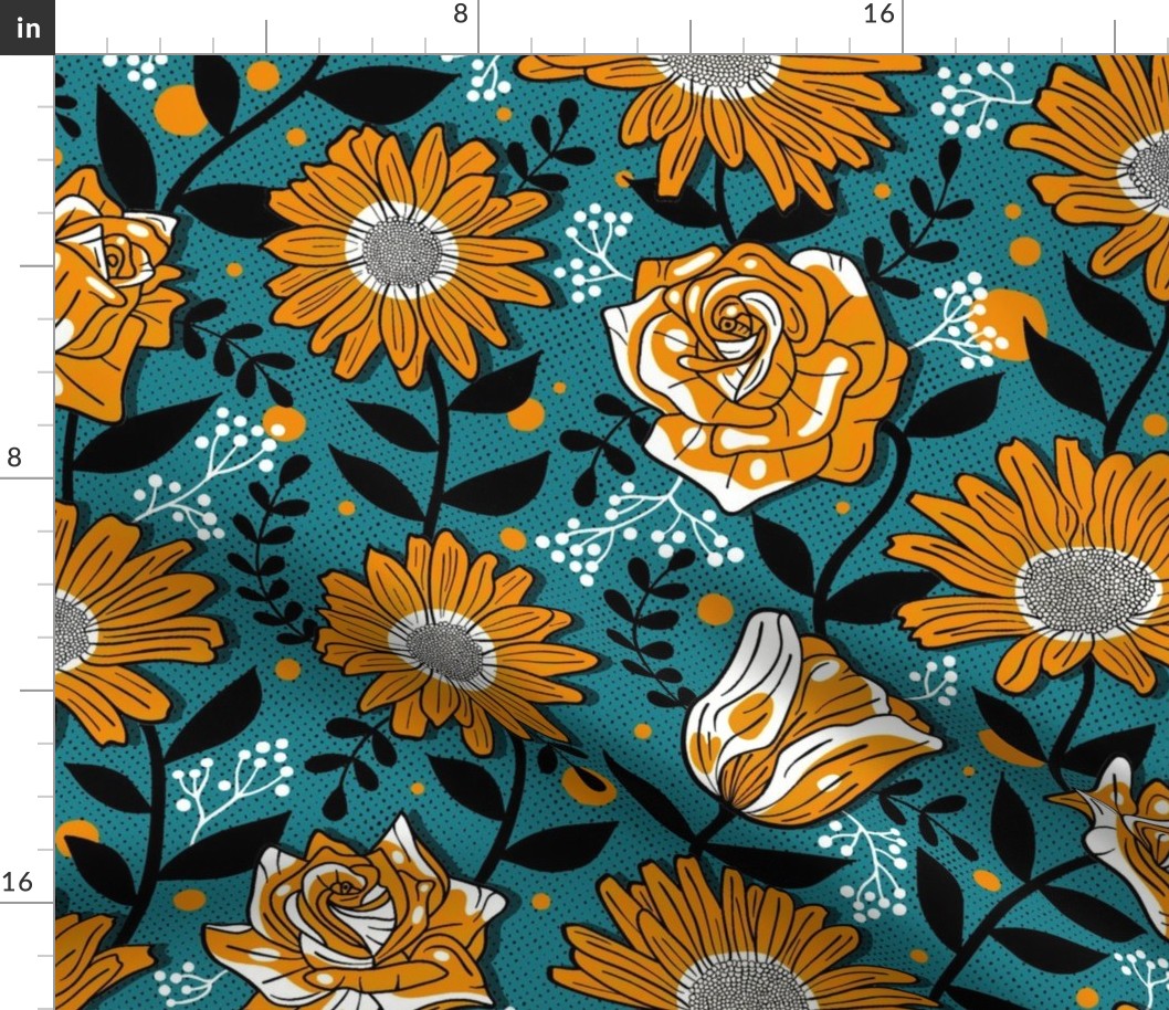 Bold Summer Flowers on Aqua Blue / Large Scale