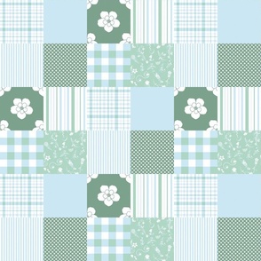 Blue Green , white  Cheater Quilt  flowers, checks, stripes, 3 inch squares