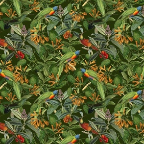 Tropical Jungle Fantasy Paradise Bird Pattern Lush Green Smaller Scale