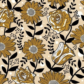 Bold Summer Flowers on Cappuccino Beige / Large Scale