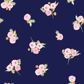Watercolor, floral, dainty, pink roses, navy, jumbo, extra large scale, pretty, girls, nursery