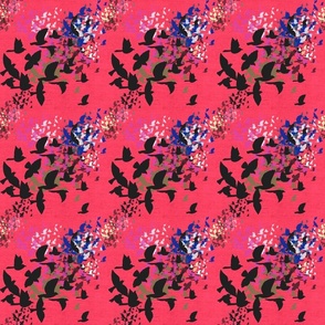 Silhouettes of flock of birds on vermillion faux linen backgrounds small 6” repeat