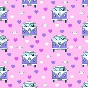 Kitty camper vans in pink and purple 