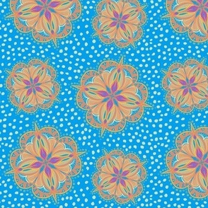Gloaming handdrawn mandala, baby blue, peach, turquoise and pink small 6” repeat