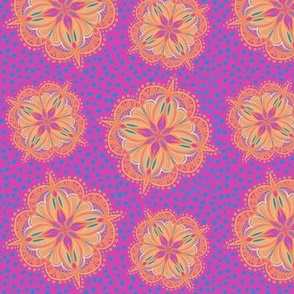 Handdrawn mandala flowers on fuschia oin with turquoise dots, peach flowers 6” repeat