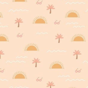Sunshine summer days with palm trees and shades island vibes surf waves pink yellow on cream