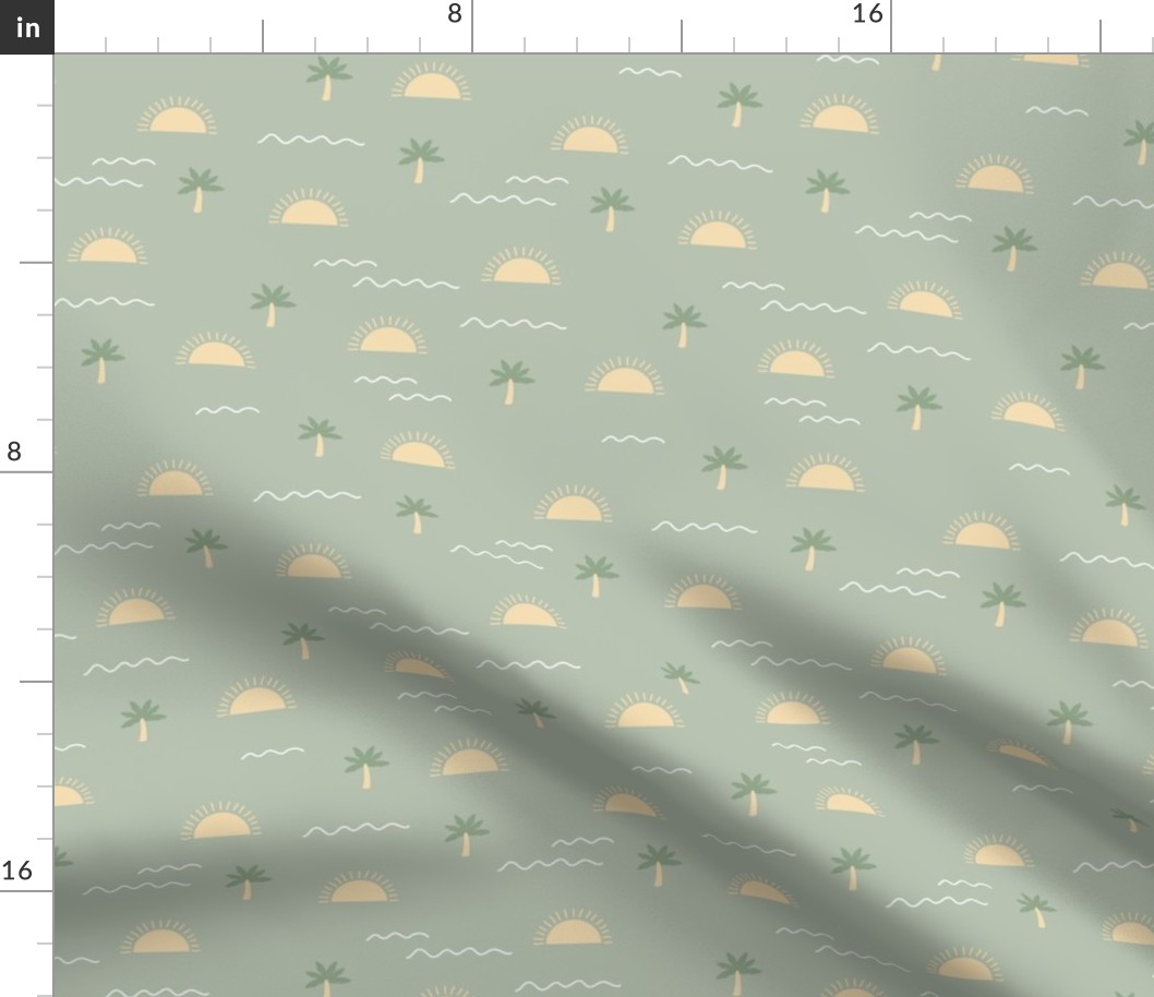 Sunshine summer days with palm trees and shades vibes surf waves yellow olive green on sage