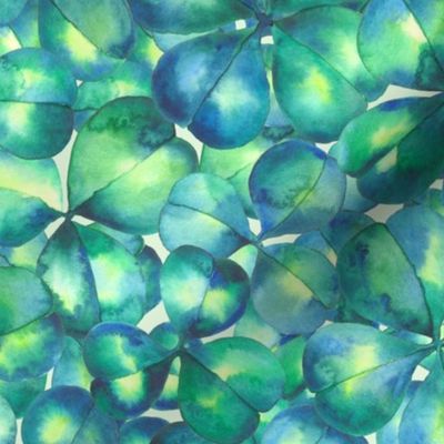 watercolor green four leaf lucky clover field, St Patrick's Day hand painted emerald clovers, shamrock, lucky charm, cottagecore M