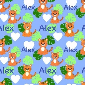 Alex name with tigers and leaves on blue