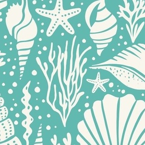 Washed Ashore - Nautical Seashells - Aqua Ivory Large Scale