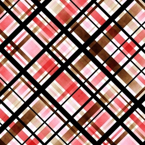 Diagonal Plaid Tartan Watercolor Ombré  in Blush Pink, Chocolate Brown, Black and White