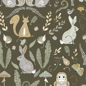 Woodland Folk Animals-on green brown (large scale)