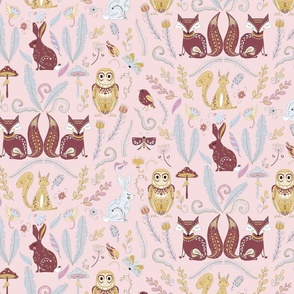 Woodland Folk Animals-on pink (medium scale)