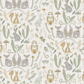 Woodland Folk Animals- cream background with texture (medium scale)