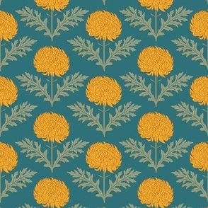 Medium Bola De Oro Yellow Chrysanthemum Flowers with Teal Blue Background