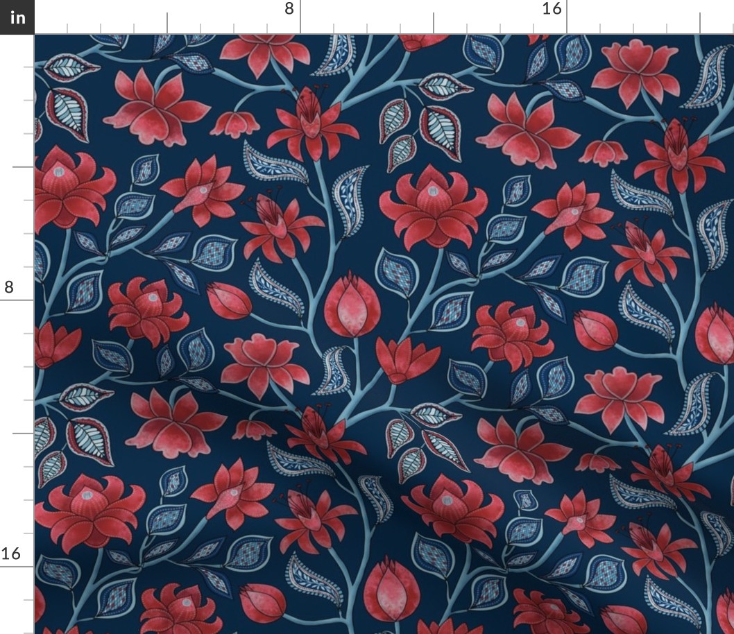 Temple Garden.Indian Fantasy Floral.Navy.Sml