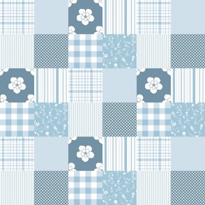 Light Blue, white  Cheater Quilt  flowers, checks, stripes, 3 inch squares