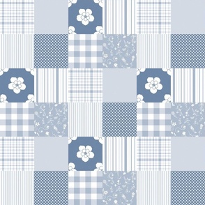 Chambray blue  , white  Cheater Quilt  flowers, checks, stripes, 3 inch squares