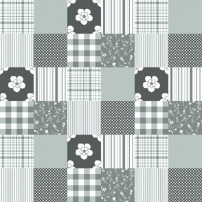 Gray and gray-green , white  Cheater Quilt  flowers, checks, stripes, 3 inch squares