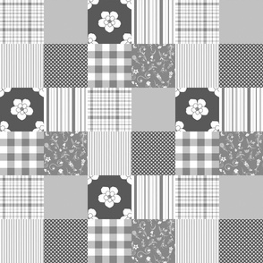 Gray ,Grey , white  Cheater Quilt  flowers, checks, stripes, 3 inch squares